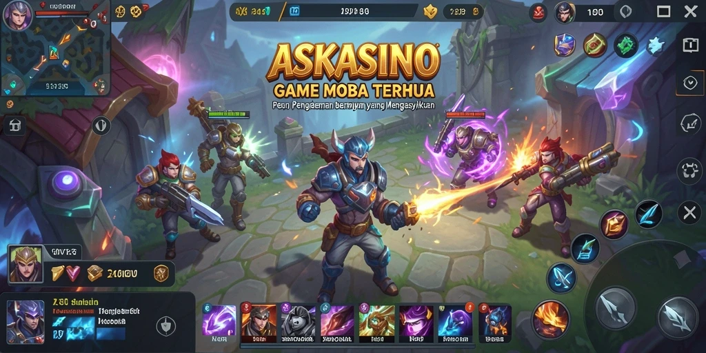 Screenshot gameplay ASKASINO menampilkan pertempuran intens antar karakter MOBA.