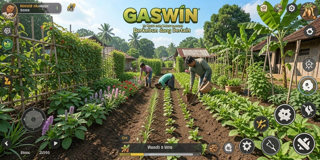 Screenshot GASWIN menampilkan gameplay berkebun yang seru dan menawan.