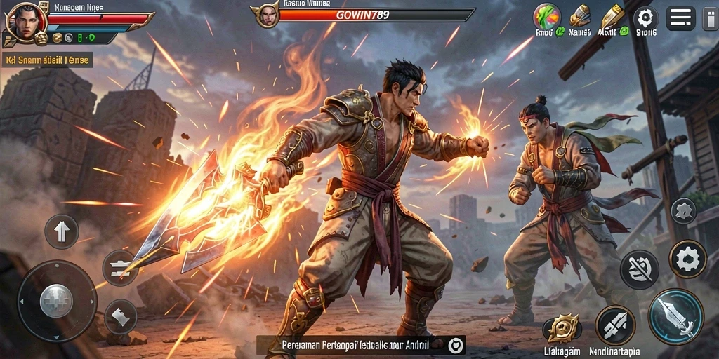 Screenshot GOWIN789 menampilkan pertarungan aksi intens antara dua karakter.