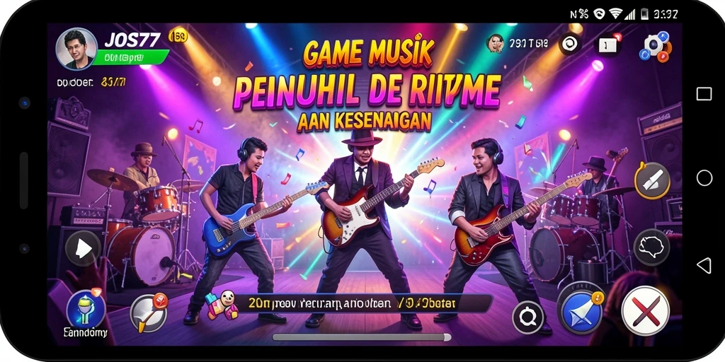Tangkapan layar dari gameplay JOS77 dengan musik yang dinamis.