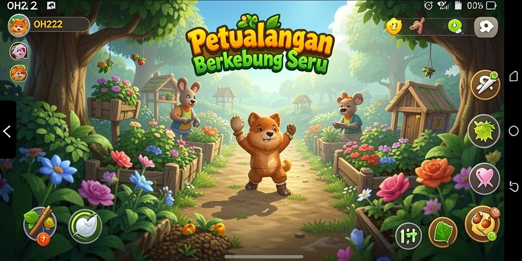 Screenshot gameplay OH222 menampilkan kebun tanaman yang subur dan hewan peliharaan.