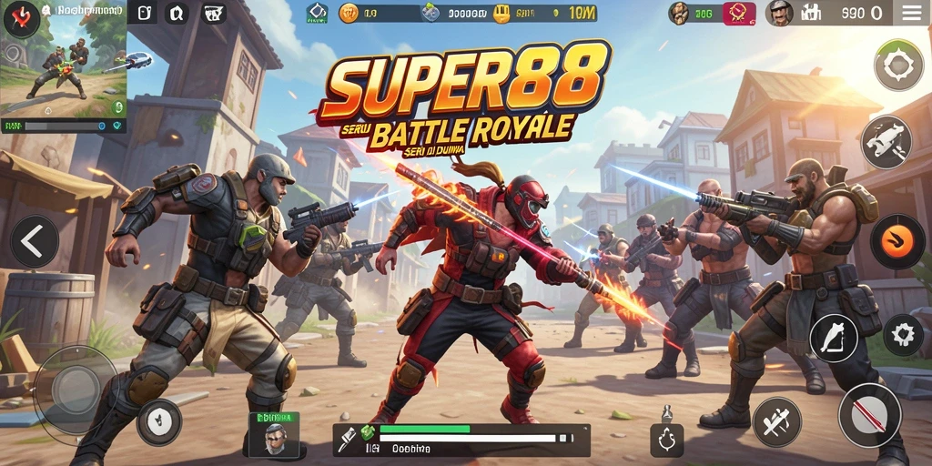 Screenshot utama SUPER88 menampilkan aksi seru dalam pertarungan Battle Royale.