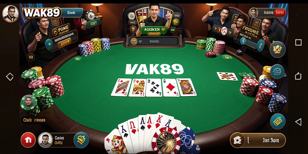 Screenshot permainan utama WAK89 yang menunjukkan suasana poker yang seru.